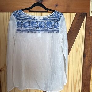 LOFT White Blouse with Blue Embroidery